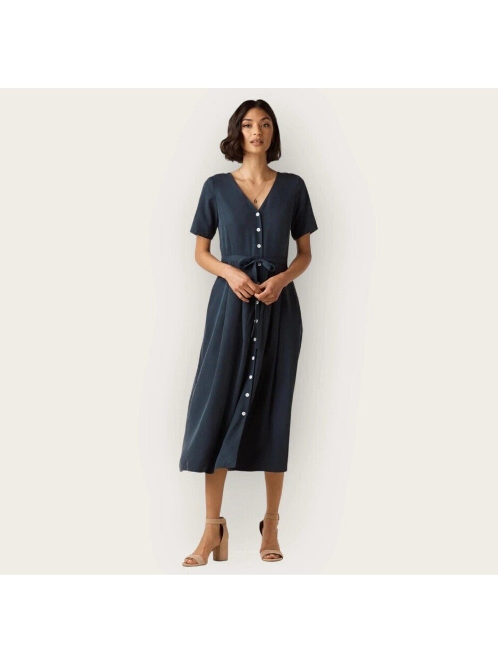 Vetta Classic Capsule Button Down Midi Dress Washed Navy V-Neck Pockets XL